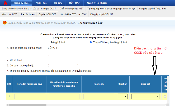 thay đổi thông tin đăng ký thuế TNCN
