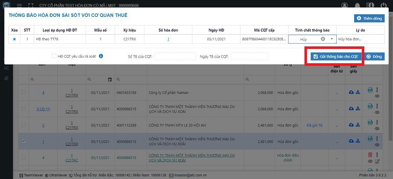 Chọn Gửi thông báo cho CQT để hoàn tất việc hủy hóa đơn đã xuất