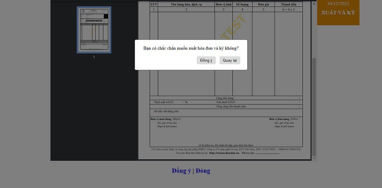 Nếu đồng ý với các thông tin trên hóa đơn, chọn Đồng Ý. Hệ thống sẽ xuất hiện thông báo như hình, ấn chọn Đồng Ý. 