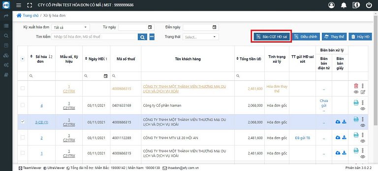 Chọn hóa đơn vừa điều chỉnh, sau đó chọn mục Báo CQT hóa đơn sai.