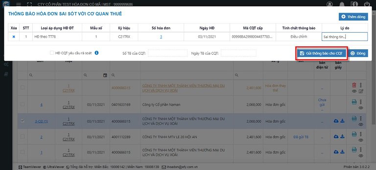 Chọn Gửi thông báo cho CQT để hoàn tất việc điều chỉnh hóa đơn đã xuất