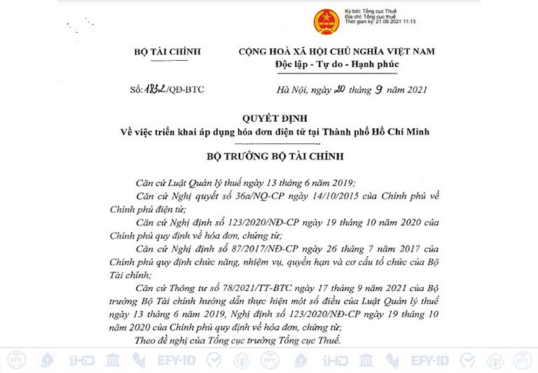 Quyết định số 1832/QĐ-BTC về việc triển khai áp dụng hóa đơn điện tử tại Thành phố Hồ Chí Minh