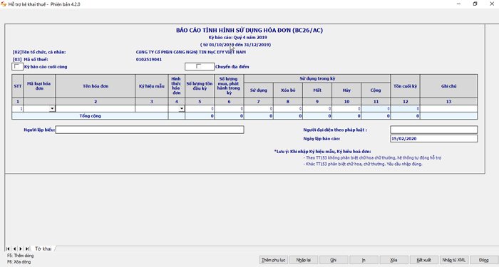 Báo cáo tình hình sử dụng hoá đơn theo số lượng