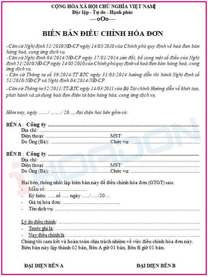 Cách viết hóa đơn điều chỉnh ngày tháng