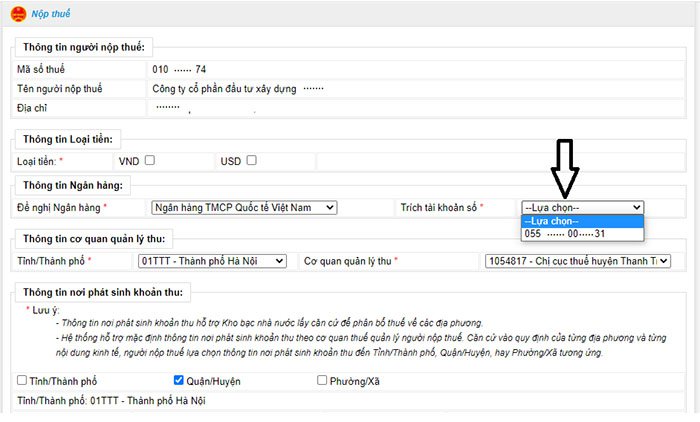 Đăng ký tài khoản ngân hàng nộp thuế điện tử