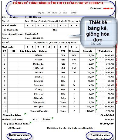 Hóa đơn kèm bảng kê