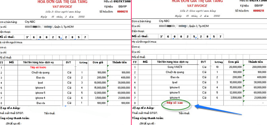 Liệt kê các hành hóa dịch vụ theo thứ tự liên tục từ hóa đơn này đến hóa đơn khác