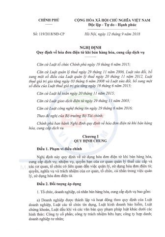 Nghị định 119/2018/NĐ-CP quy định về hóa đơn điện tử khi bán hàng hóa cung cấp dịch vụ