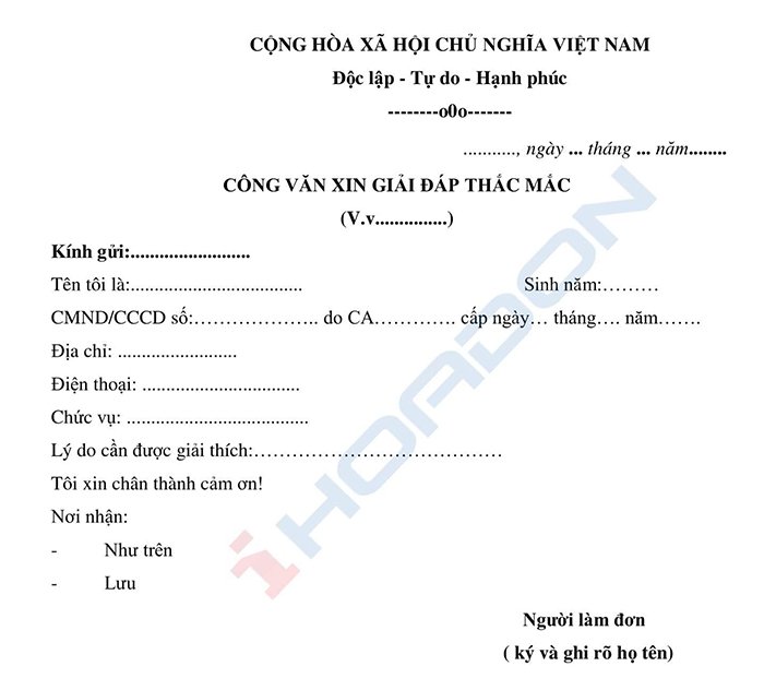 Mẫu công văn xin giải đáp thắc mắc