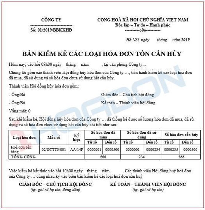 Mẫu hồ sơ hủy hóa đơn GTGT