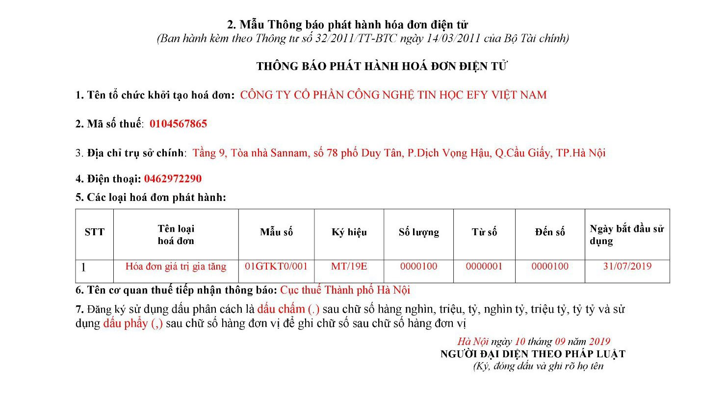 Mẫu áp dụng hóa đơn điện tử và thông báo phát hành hóa đơn